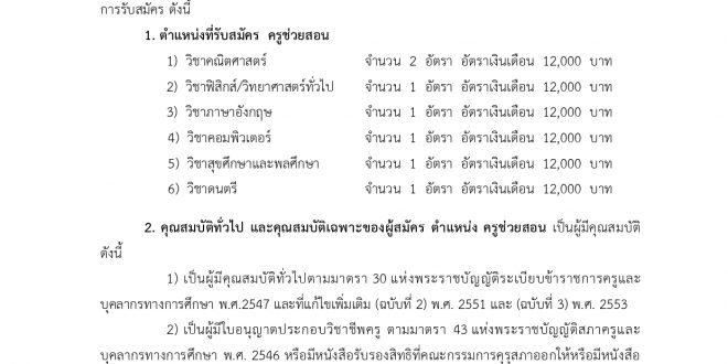 เรื่อง การรับสมัครการสรรหาบุคคลเพื่อปฏิบัติงาน ตำแหน่ง ครูช่วยสอน